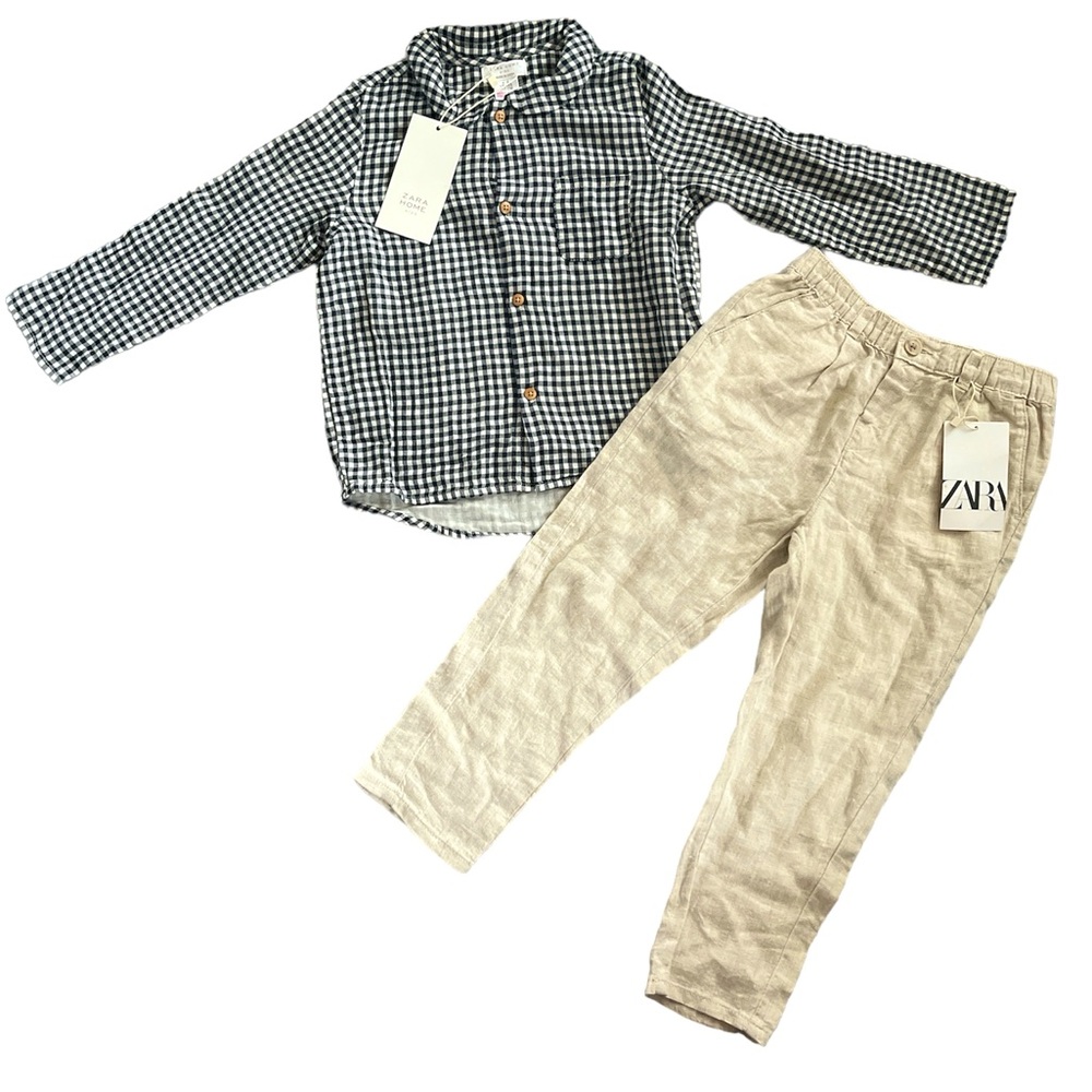 Zara Home Boys sz 4-5 Navy/White Plaid Button down Top w/ Linen Pants Set NWT